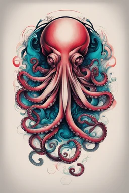 Create a captivating modern 2d colorfull ink tattoo design for print , prestigious (Sacred Octopus) using the elegant influences of japan art style, for print, dynamic elements from fashion and design, and bold Japanese contemporary art aesthetics, framing centered in the center, distanced from the edges of the paper perimeter, perfect anatomy, bauhaus, Divine Proportion,