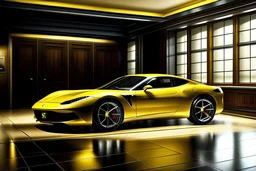 Ferrari Lusso Gt yellow in sowroom, calm ambience..