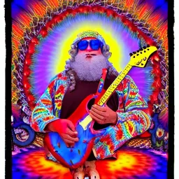 hippie Santa playing electric guitar psychedelic peace sign, MUSHROOMS, TRIPPY, ACID, LSD