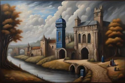 Tardis - oil on canvas, in the style of hyperrealistic environments, dutch genre scenes, grisaille, fantastical ruins, nostalgic rural life depictions, venetian scenes, barroco, cloudpunk, steampunk roads and orchards and trees and fields and mountains and medieval cities, the city is crossed by a big river that a big medieval stone bridge, large walls surround the city, gustav klimt