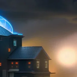 Close up, Roof top view, Enourmous Paladin projecting a hologram shield on a home, encroaching storm, ominous color palette, 2k resolution, high-quality, detailed matte, volumetric lighting, illustration, crystal sutton