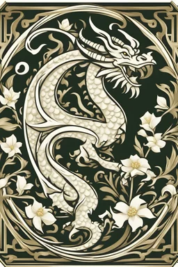 Create an elegant logo design with the side profile of a Welsh-style dragon facing left, with a white gardenia in its claw. Make the dragon a golden colour and have a circular frame.