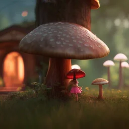 Mushroom girl and mushroom house, unreal 5, octane render, cinema4d, redshift render, hyper realistic, cenematic, vibrancy, synthwave, retouch, centered, dynamic lighting, dramatic lighting, 4k, highly detailed, attractive beautiful, realistic, epic composition, holographic,