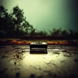 hyperrealistic shot, rusting and moss covered giant game console, earth color palette, sharp focus, puddle reflection, water splash, refraction, bats flying on the horizon, rain and lightning on the horizon, shadowcast, detailed and intricate, cinematic composition, tilt shift photography