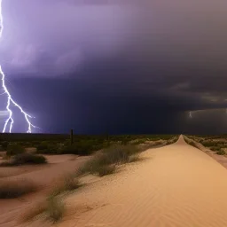 desert, storming, lightning, rain, dunes, gray, road, landscape