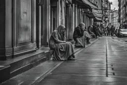 a woman sits with a sad face on the sidewalk on the street and cries, people pass by her, a gray crowd of passers-by comes and goes, human backs rush to work, no one looks at the crying woman, dark colors and shades of gray, depressing, sad, depressed moody picture, everything is grey