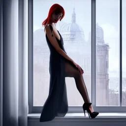 beautiful girl with very nice fashion clothing ,pretty high heels,standing next to window in a luxury room in a modern city posing to camera,full body show, 8k resolution concept art portrait hyperdetailed intricately detailed Splash art trending on Artstation triadic fullbody portrait paint,