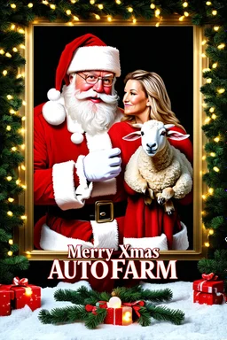 Design a 1990s-style movie poster featuring a heartwarming romantic comedy between a jolly Santa Claus and a charming, fluffy sheep. Capture the playful, feel-good spirit of a classic rom-com. Display 'Merry Xmas Autofarm' prominently in festive, playful letters. Surround the title with warm Christmas lights, mistletoe, and holiday decorations. Use bright, cheerful colors and whimsical design elements to evoke a sense of retro holiday magic. Include scenes of Santa and the sheep sharing sweet