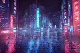 cinematic, night, Tokyo, Rain, high definition, blue neon lights, blender 3d