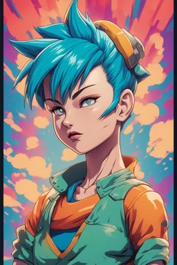 A stylized illustration of Bulma from Dragon Ball, inspired by the art of Akira Toriyama, with vibrant colors, cel-shaded shading, and dynamic linework --s 150 --ar :2 --c 5 --v 5.2