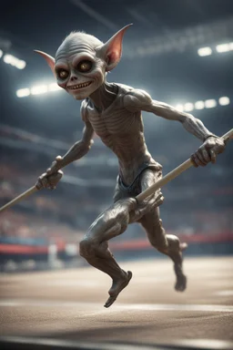 hyper fast gremlin pole vaulting in the Olympics in the style of Giger and fallout 4 ,,bokeh like f/0.8, tilt-shift lens 8k, high detail, smooth render, down-light, unreal engine