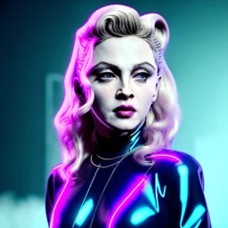 young madonna, blonde replicant woman, blade runner style, rain, fog, neon ambient, gradient color, clean skin, circuits, latex coat, cyber punk, neon, tubes, portrait, studio photo, unreal engine 5, smooth color, 16 bit, god lights, ray tracing, RTX, lumen lighting, ultra deatail, volumetric lighting, 3d, finely drawn, hd.