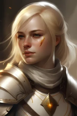 Female cleric; blonde hair; brown eyes; white and gold armour; glowing freckles; scars