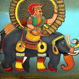 mayan god riding a detailed indian elephant painting