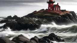 An old lighthouse on a rugged coastline, with red waves crashing at its base.