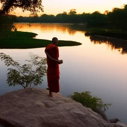 indian monk lotus jungle lake at sunset