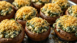 Large baked mushrooms stuffed with creamy spinach and cheese, topped with a golden parmesan crust. The mushrooms are juicy, and the filling is lush and inviting, captured in hyper-realistic 8k UHD.