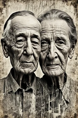 an old couple faces olae vintage photo with stronge glich technique, grey-brown, defects, graininess, white noise, lines, scratches, glitch art