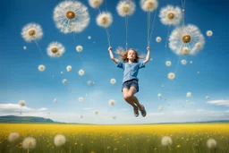 captivating and whimsical photograph of a girl swinging between two detached dandelion puffs, suspended in the sky. The vast field of dandelions stretches beneath a clear blue sky, creating a surreal and enchanting atmosphere. The dreamy background features a serene landscape with more dandelions and a distant horizon, further enhancing the otherworldly ambiance. The girl, wearing a blue shirt and jeans shorts, gracefully maneuvers the swing with her legs extended and arms tightly gripping the s