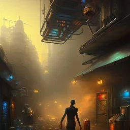 spray paint fantasy art, evening, seen from hole in the ground, dirty city alley, heist action, upper body of human thief in shadow, book illustration, cartoon characters