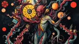 Create a detailed and intricate structure of surreal abstract creative art design using collage techniques inspired by Moebius art that reflects the dichotomy of materialism and idealism, sadism and masochism. Satanism elements in the form of the darkest thoughts colliding with strange color movements and deviant ideologies, His body is distorted by the passage of time. exaggerated features of all human elements, like the darkest dreams. anatomic Book style