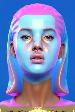 Ultra Realistic image, Rosalía artist, portrait, normal complexion, waist up portrait, black eye long line, sweet face, t-shirt with holes, inflatable open coat, gold pink and blue style, spray glow make up, geometric led jewelry, fog, hot, inflatable style latex coat, vibrant color, highly detailed, art stations, concept art, smooth, unreal engine 5, god rays, ray tracing, RTX, lumen lighting, ultra detail, volumetric lighting, 3d, finely drawn, high definition, high resolution.