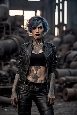 tattooed vampire girl showing fangs with short cropped curly cyberpunk hair in motorcycle leathers in an abandoned steel refinery at dusk