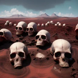 a picture of a dark, comedic, anatomically correct wall of red white and blue tightly packed stacked skulls of varying sizes and expressions, photo realistic, insanely meticulous, highly detailed, part of a collection of bones on display, 64k, dystopian, vray, anatomically correct