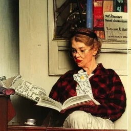 woman behind microphone reading book by Norman Rockwell