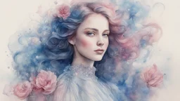 Victorian era, watercolor drawing, double exposure, fine drawing, portrait of a beautiful woman 30 years old, airy transparent dress, double exposure, flower, fantasy, night, blue, pink, flowing hair, highlights, sparkles, clear lines, detailing, fine drawing, high resolution, 8K, photorealism, precise focus,