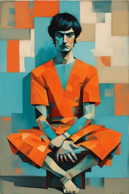 whimsical arafed nonsense stylized abstract portrait of a man with dark bob hair, seated with arms crossed, (((exaggerated body parts))), (((oversize head))), in vibrant orange dress and black accents around wrists, background is blend of bold beige and drab patchwork vibe, cyan tints, rainy whimsical afternoon, sharp color contrasts, amazing shadows, minimal cozy, color leak, heavily distorted views, amazing parallels