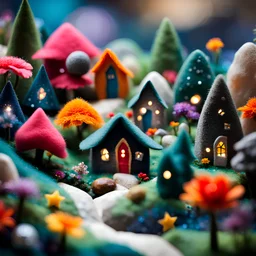 Close-up photograph of a village, naïve, people, flowers made of felt, houses, rock formations, stars and planets, animals, crystals, mineral concretions, extreme detail, intricate, volumetric light, colours, Tim Burton, Max Ernst, Yves Tanguy, sparkles, bokeh