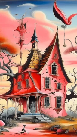A pink magical witch's house painted by Salvador Dali