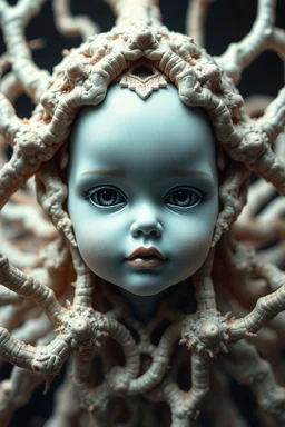 The image depicts a striking fusion of surrealism, biomorphism, and futuristic aesthetics. A doll face with pale blue, almost porcelain-like skin emerges from an intricate web of organic structures.