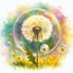 Create a watercolor and chalks painting, whimsical painterly fantasy art, a single large dandelion plant including appropriate leaves at the base of the stem, the head of the dandelion surrounded by a transparent bubble, the dandelion has gone to seed, paint splatter overlay, intuitive pastel colors, soft yellow meadow sprinkled with dandelions and small transparent bubbles in background, add reflections to the bubbles, watercolor and chalk style.