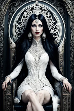 detailed beautiful goddess Hel with long black hair, pale white skin, detailed eyes, sitting on the throne of Helheim, inquisitive spirit | inspiration | dark colors, intricate detailing, surrealism, fractal hair, enigmatic villainess smile, dressed in complex chaotic fractal leather, artificial nightmares style, reflective eyes, detailed eyes, detailed art deco ornamentation, Cinematic lighting, Volumetric lighting,Photorealism, Bokeh blur, Very high detail, Sony Alpha α7, IS1900