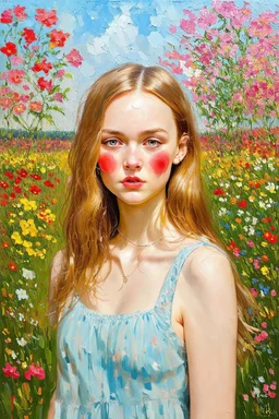Lily-rose Depp, long hair, rosy cheeks,flower garden, , in the style of pissarro oil painting