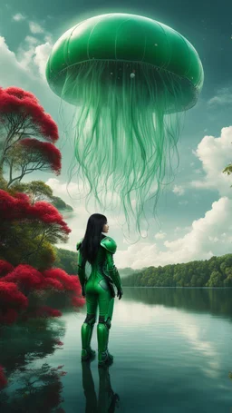 Photorealistic Photo Of A long black-haired woman in a green robot suit, Looking Out Over A Lake With jellyfish with red Tentacles, Tall Narrow Cloud Trees In The distance with an alien sky