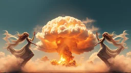 a nuclear explosion cloud(middle), the wind and smoke from the explosion forming shapes of dancing women(left and right sides), religiose art, fantacy