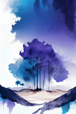 the middle of the sand surrounded by trees on all sides and a colorful sky. In blue, purple and gray perfect design style digital art and watercolor blue background --ar 2:3