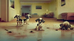 motel lobby with dirty puppies pooping all over the carpet