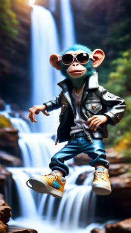 magazine cover, twisted rock star alien gremlin monkey rapper crew with silver boots as a pimp on rocket rushing down heavens waterfall,bokeh like f/0.8, tilt-shift lens 8k, high detail, smooth render, down-light, unreal engine, prize winning