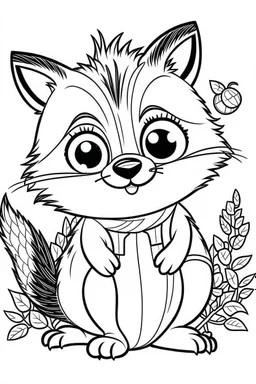 cute coloring page, sketch style, cute baby raccon in the wood, cute cartoon, white and black, withe background, no shadows, outline.