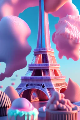 detailed Eiffel Tower made of cake frosting, cotton candy, ice cream, strong texture, extreme detail, octane render, intricate detail, 8K