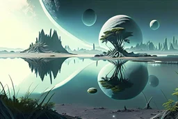 Alien landscape with grey exoplanet in the sky, Lagoon reflection, vegetation, sci-fi, concept art, movie poster
