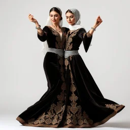 women in elegant, long, flowing dress (possibly Azeri don or similar styled), made from rich fabrics like velvet or silk, adorned with intricate gold or silver embroidery, particularly on the bodice and sleeves. she wear delicate, often lace headscarves (kelaghayi) covering their hair, and traditional Azerbaijani jewelry (layered necklaces, large earrings, intricate silver belts with coin motifs). Their movements are graceful, fluid, and expressive, with elegant arm gestures and gentle, s