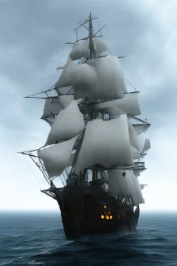 front view of a ship with a spider figurehead in stormy weather