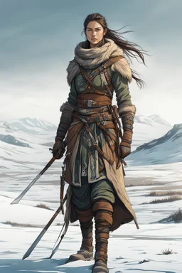 create a sketchy, hand drawn, full body, young, otherworldly lost Siberian nomadic female huntress concept art character, with highly detailed, sharply lined and deeply weathered facial features in a desolate tundra steppe landscape , in natural winter tundra colors, 4k