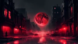 In a dystopian city at twilight, a mystic moon casts its silver glow onto the remnants of a once-thriving metropolis. Reflections of a crimson sunset dance in the shimmering, ethereal ether, as a solitary figure clad in black and red navigates the desolate streets, embodying the moody blend of hope and despair in a world forever altered by the nocturnal eclipse.