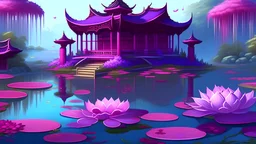Purple and red hued Fantasy guild with pink lotus flowers, and lily pads surrounding it, Japanese gardens and clear blue water